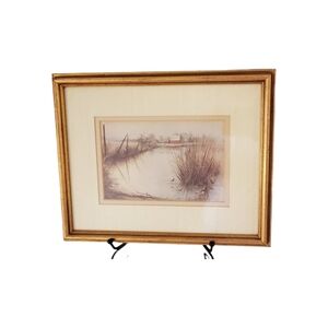 Ben Hampton 1973 Red Barn and Pond Rustic Farmhouse Style Landscape Signed Print